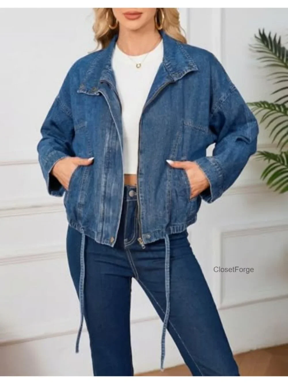 Oversized Boyfriend Denim Bomber Jacket Long Sleeve Zip Up Shacket